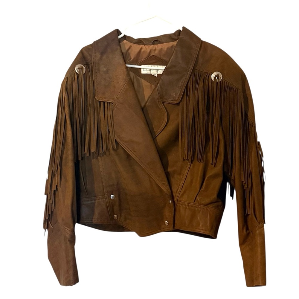 Vintage Brown Fringe Leather Jacket Size Large Boho Country Style